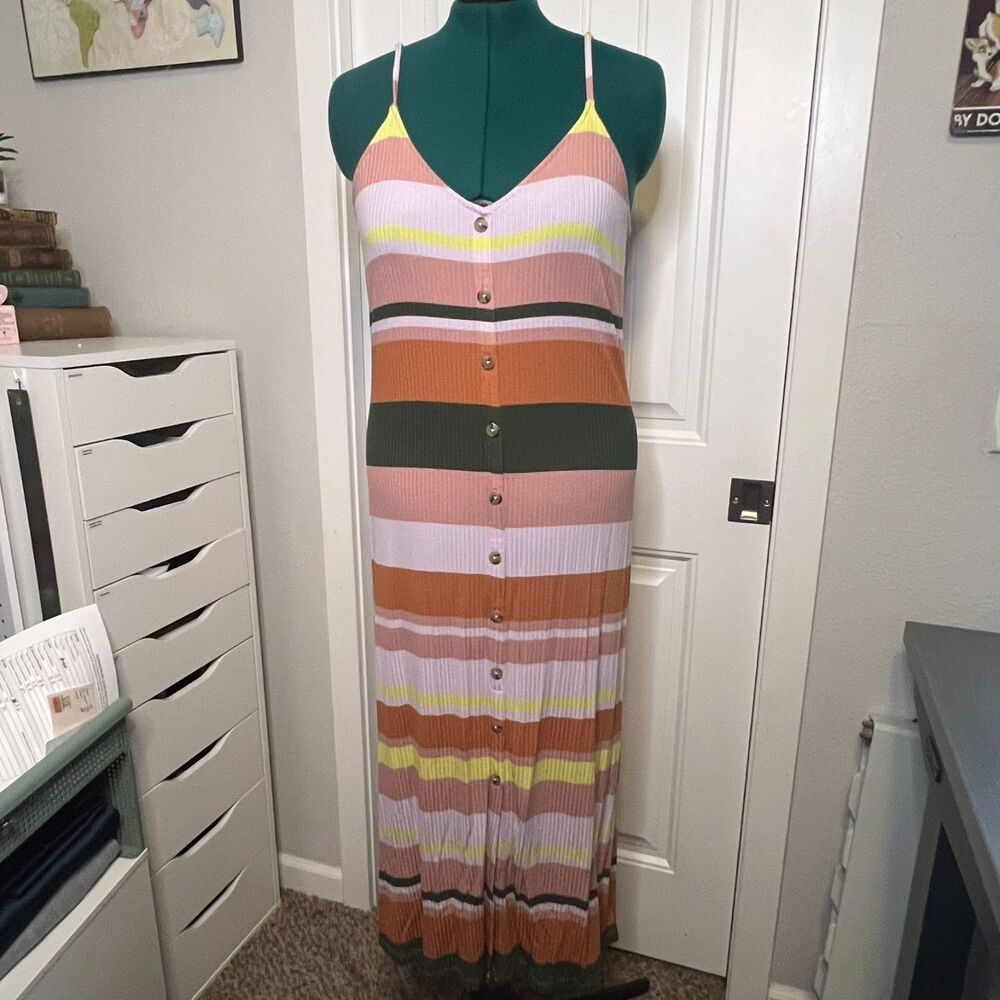 LOFT Multicolor Striped Ribbed Knit Button Front Spaghetti Strap Midi Dress